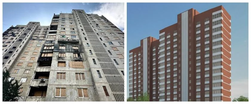 Пошкоджений та відновлений багатоквартирний будинок у Харкові після обстрілів