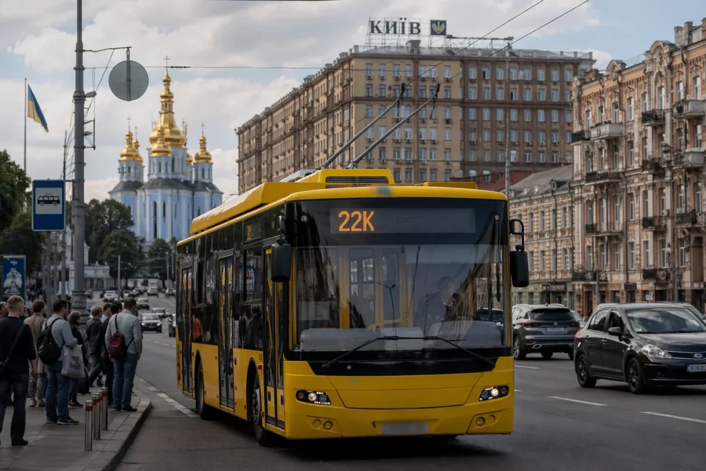 Жёлтый троллейбус маршрута 22К на остановке в Киеве возле Софийского собора