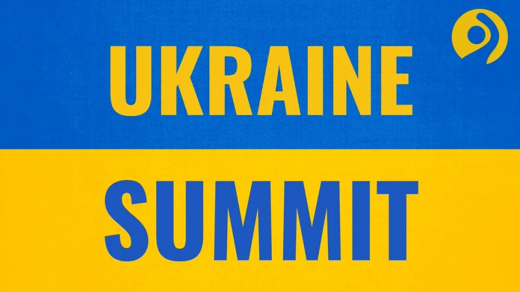 Синьо-жовтий банер з написом UKRAINE SUMMIT і жовтим логотипом