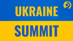 Синьо-жовтий банер з написом UKRAINE SUMMIT і жовтим логотипом